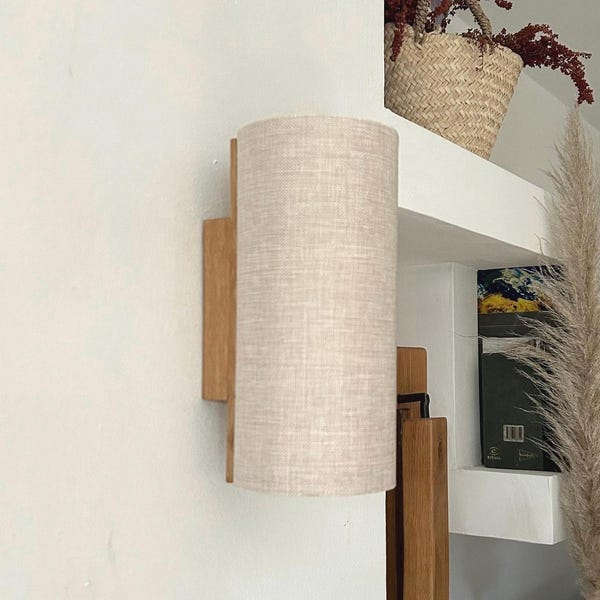wooden wall sconce: Cream Fabric Shade, Modern Rustic Decor. Plug-in Option. USA Duties Paid.