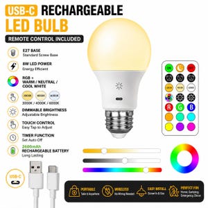 Puede incluir: Bombilla LED recargable con puerto USB-C, mando a distancia y base E27. Caracter&iacute;sticas: brillo regulable, control t&aacute;ctil y temporizador. Ofrece opciones de luz RGB y blanco c&aacute;lido/neutro/fr&iacute;o. Bater&iacute;a de 2600mAh.