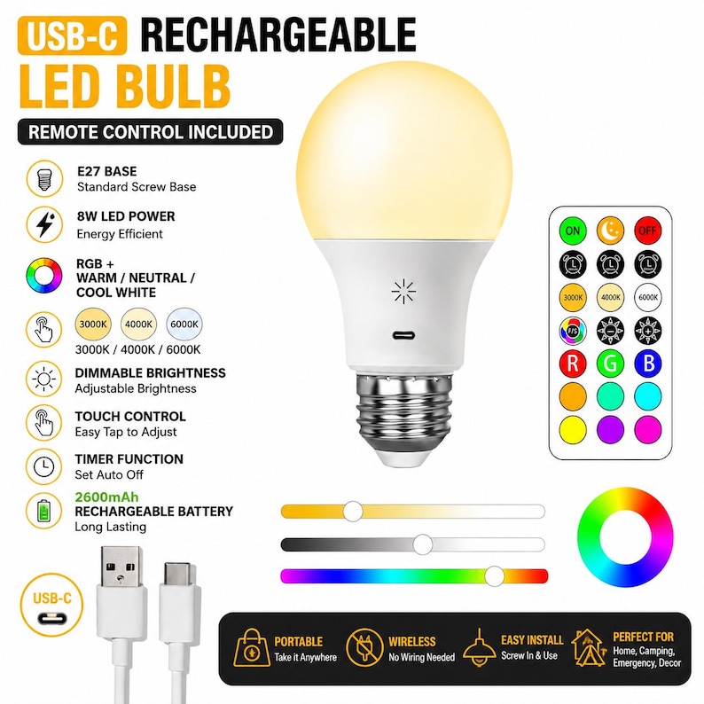 Puede incluir: Bombilla LED recargable con puerto USB-C, mando a distancia y base E27. Caracter&iacute;sticas: brillo regulable, control t&aacute;ctil y temporizador. Ofrece opciones de luz RGB y blanco c&aacute;lido/neutro/fr&iacute;o. Bater&iacute;a de 2600mAh.
