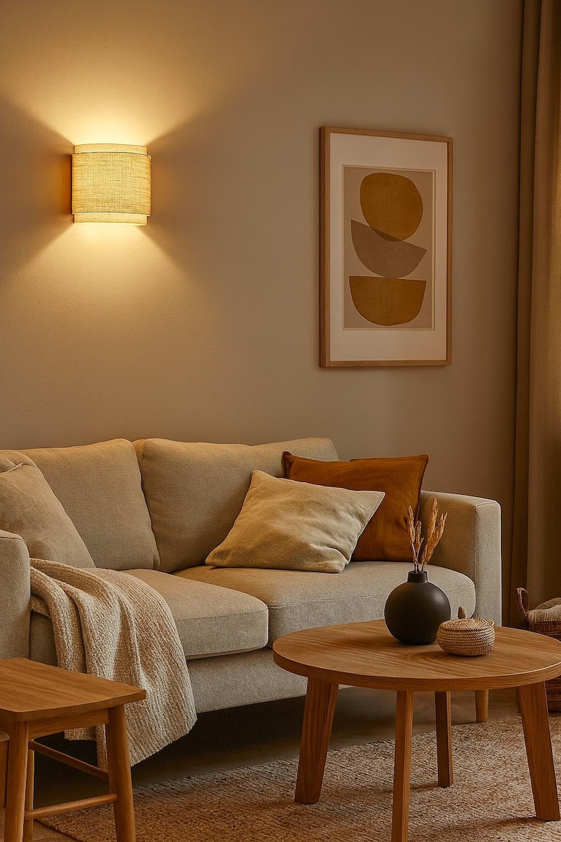 Rustic Wood Wall Sconce, Burlap Double Shade, Boho Japandi Lamp. taxes paid to the USA image 10