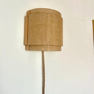 Rustic Wood Wall Sconce, Burlap Double Shade, Boho Japandi Lamp. taxes paid to the USA image 11