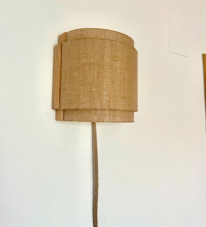 Rustic Wood Wall Sconce, Burlap Double Shade, Boho Japandi Lamp. taxes paid to the USA image 11