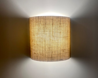 Elegant Wall Lamp – Semi-Circular Solid Oak Base and Rattan Fabric Shade – Rustic Wall Sconce for Cozy, Warm & Stylish Home Lighting.