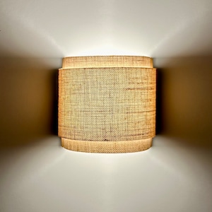 Handcrafted Rafia Fabric & Solid Oak Wall Lamp - Semicircular wall light   Unique, Artisan-Made Home Lighting for a Rustic, Elegant Touch