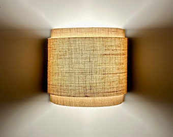 Handcrafted Rafia Fabric & Solid Oak Wall Lamp - Semicircular wall light   Unique, Artisan-Made Home Lighting for a Rustic, Elegant Touch