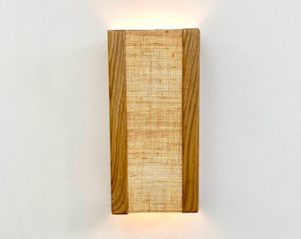 Oak & Raffia Wall Sconce: Handmade Wooden Wall Lamp. Plug-in Option. USA Duties Paid.