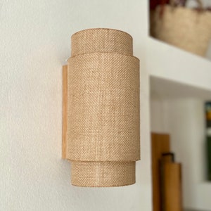 Wall Light. Oak Wall Lamp – cylindrical Design with Double Rattan Shade, Handmade Rustic Sconce for Cozy & Stylish Home Décor. Sconce light