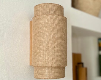 Boho Burlap Shade Wall Sconce: Rustic Wooden Lamp, Natural Lighting.  USA Duties Paid