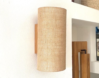 Handcrafted Wall Lamp – Natural Oak Wood Base and Cylindrical Rattan Shade –  Wall Sconce,   Home Lighting.