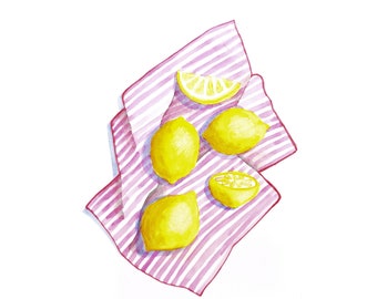 Limones sobre tela rosa rayada, Limones sobre líneas de lino, pintura cítrica original, acuarela