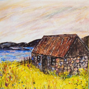 Scottish Bothy Cottage Card - Rustic Bothy Cottage By The Sea Highlands Coastal Cottage Blank Card