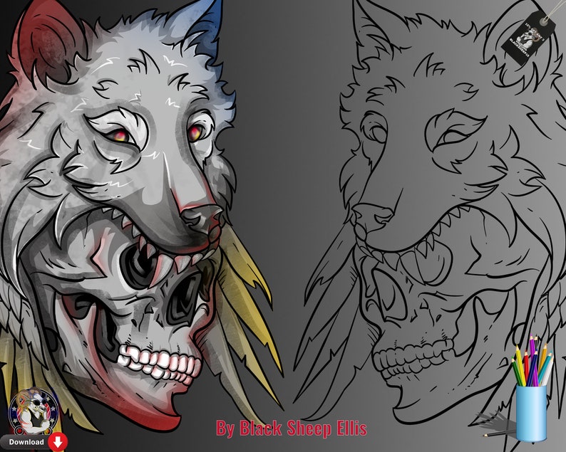Wolf Png Skull Printable Tribal Coloring Page Digital Download, Gothic ...