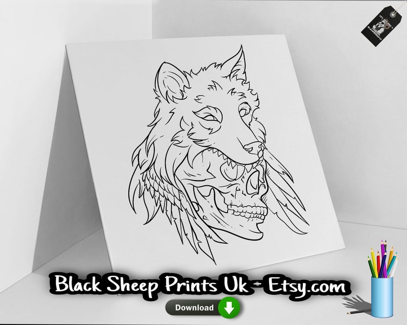 Wolf Png Skull Printable Tribal Coloring Page Digital Download, Gothic ...