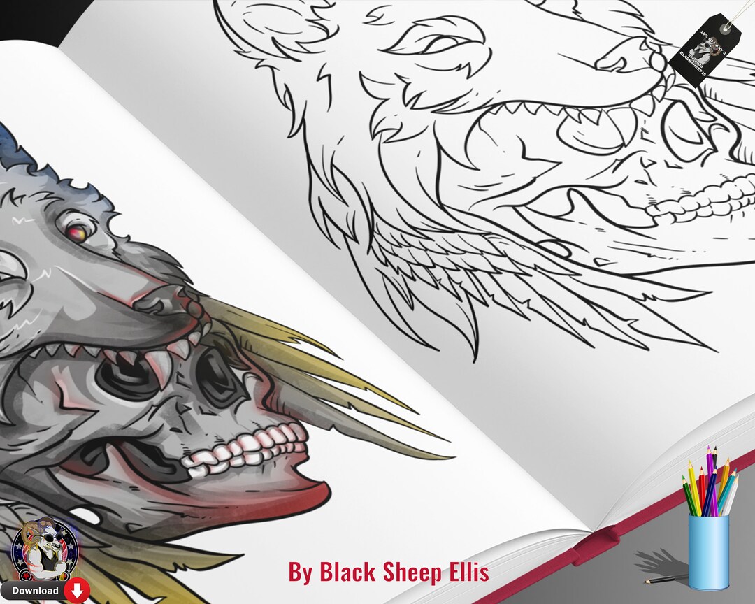 Wolf Png Skull Printable Tribal Coloring Page Digital Download, Gothic ...
