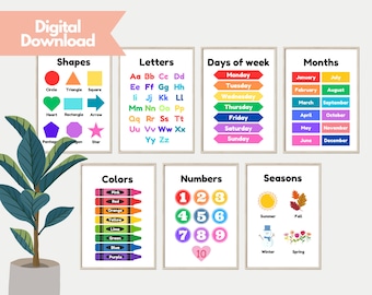 Set of 7 Educational Posters, Classroom Decor, Homeschool Prints, Toddler Room Decor, Tutoring, Rainbow Learning Sheets | DIGITAL DOWNLOAD
