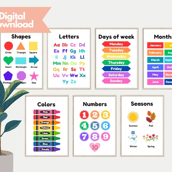 Set of 7 Educational Posters, Classroom Decor, Homeschool Prints, Toddler Room Decor, Tutoring, Rainbow Learning Sheets | DIGITAL DOWNLOAD