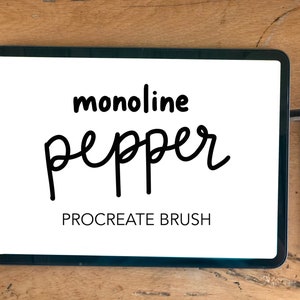 Puede incluir: Una tableta digital blanca con un borde negro muestra el texto "monoline pepper PROCREATE BRUSH".