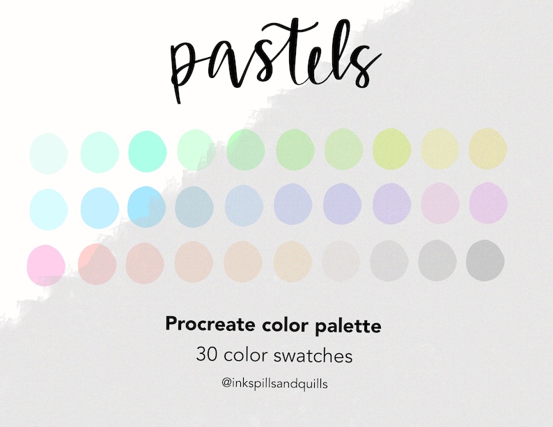 Puede incluir: Una paleta de colores Procreate con 30 muestras de colores pastel. La imagen presenta una variedad de colores suaves, incluyendo tonos de azul, verde, rosa y amarillo. La palabra "pastels" est&aacute; escrita en cursiva en la parte superior.