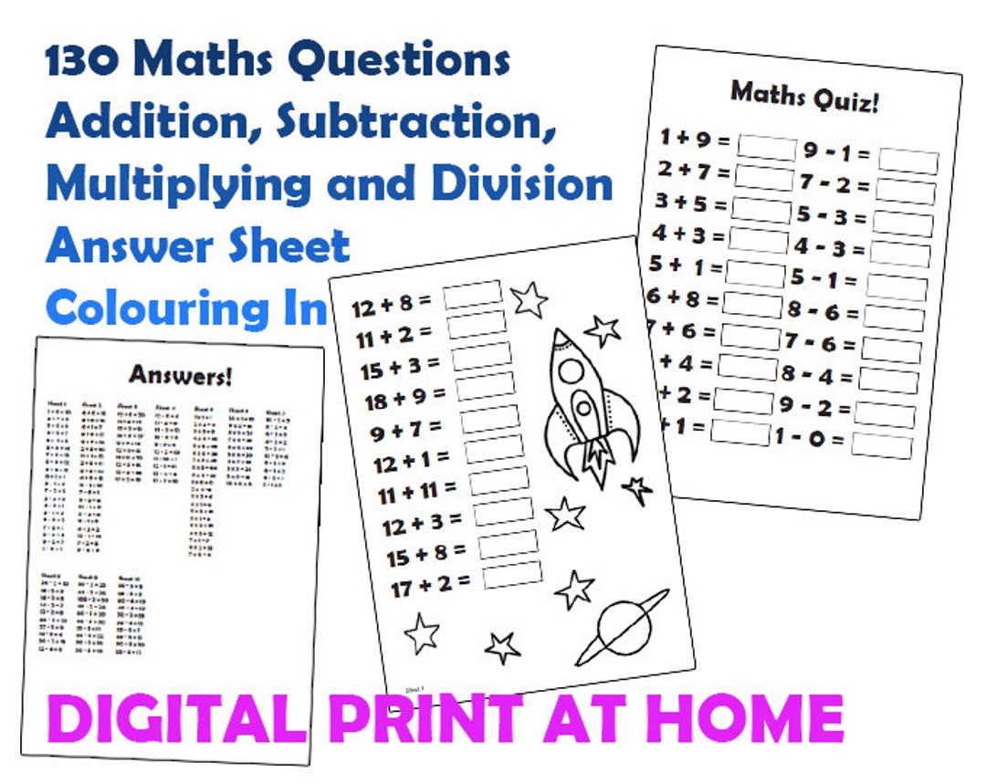 Maths Sheet Quiz With Colouring In - Etsy