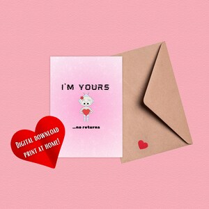 Op de afbeelding: Een roze printbare kaart met een cartoonrobot die een rood hart vasthoudt. De kaart zegt "Ik ben van jou...geen retour".