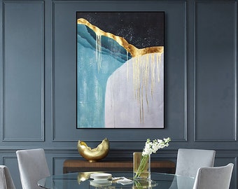 large oil painting abstract canvas contemporary gold painting blue and gold painting fortune tree  cuadro dec dine room painting home decor