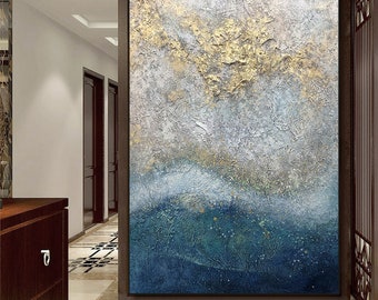 Abstract Beach Blue Gold Sand 3D texture large oil painting Nordic style decor painting modern extra big wall painting beautiful painting