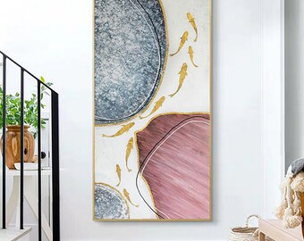 Fish Gold color with stone large oil painting  hand-painted modern living room porch background wall decor painting vertical nine fish