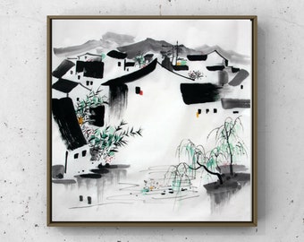 Hand painted ink painting Jiangnan landscape wu guangzhong Jiangnan landscape painting home decor