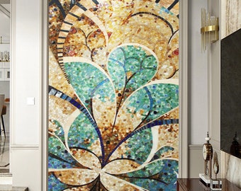 Mosaic mural art mosaic wall art mosaic paiting art deco painting blue and gold Gold leaf ice jade porcelain jade fine cut by hand inlaid