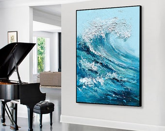 hand painted  large oil painting ocean seascape contemporary blue white painting ocean wave home decor living room decor abstract painting