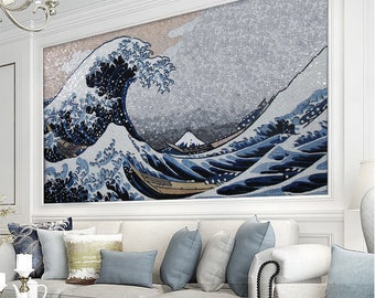 Mosaic waves art mosaic wall art mosaic paiting art deco painting blue and gold Gold leaf ice jade porcelain jade fine cut by hand inlaid
