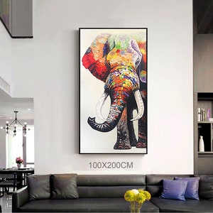 elephant animal good luck and rich bless gift housewarming multi color large wall art hand painting  gift cuadros decorativos