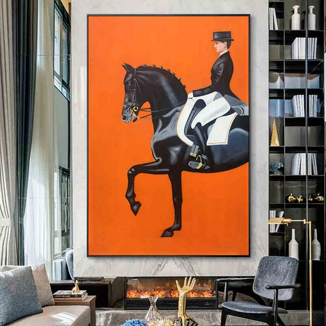Pair Orange Black Horse Asian Needle Point Wall Hangings - I Like Mikes Mid  Century Modern