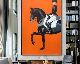 Horse painting and Knight luxury living room large oil painting orange corridor decor painting vertical entrance hall horse mural custom