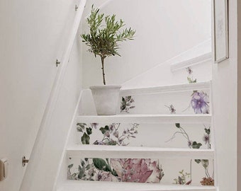 10 strips of Stair Riser - Retro field flowers, removable sticker peel & stick, Staircase decals, removable Star riser decals S#46