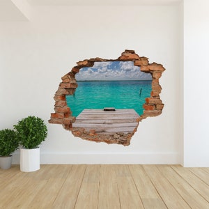 Pier in der Karibik 3D Loch in der Wand Wandaufkleber, Aufkleber, 3D Wandkunst, Bubble Free Sticker, Dekoration Island Wood W # 73