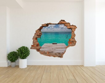 Pier in Caribbean seas 3D hole in the wall Wall Sticker, Decal , 3D Wall Art , Bubble Free Sticker, Home Decoration Island Wood W#73