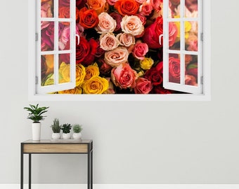 Ramo de rosas multicolores para ventana en 3D, vinilo adhesivo para pared, arte de pared en 3D, vinilo despegable y adhesivo para el hogar, adhesivo de pared, floral O#38
