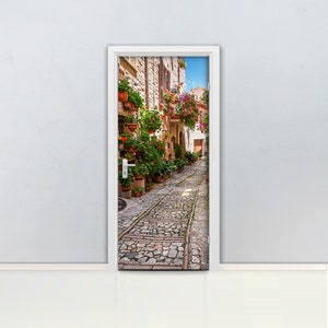 3D Italy alley Door mural Self adhesive door wrap, removable peel & stick door covering, sticker door, europe, tuscany, old town, D#70
