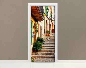 3D Steps Spain Alley Door mural Self adhesive door wrap, removable peel & stick door covering, sticker door cover, mallorca, village, D#15