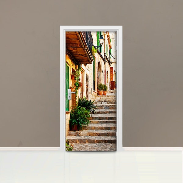 3D Steps Spain Alley Adesivo per porte Involucro autoadesivo per porte, rivestimento rimovibile per porte staccabili e attaccabili, rivestimento adesivo per porte, Maiorca, villaggio, D#15