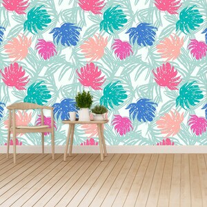 Exotic pattern repositionable mural | wallcovering Tropical, exotic, floral pattern. Hand Drawn illustration with monstera leaves  vli W#460