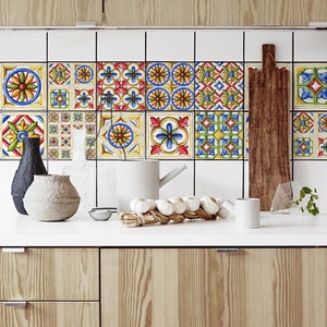 Watercolor Spain Mosaic, Tile Decals, Tile Stickers, Traditional Tiles, Tiles for Kitchen, Kitchen Backsplash - PACK OF 24 T#73