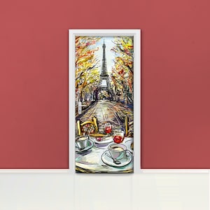 Drawn Paris Alley Door mural Self adhesive door wrap, removable peel & stick door covering, sticker door, sketch, paris, eiffel  D#101