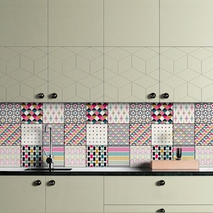 Abstract Patchwork, Tile Decals, Tile Stickers, Traditional Tiles, Tiles for Kitchen, Kitchen Backsplash - PACK OF 24 T#72