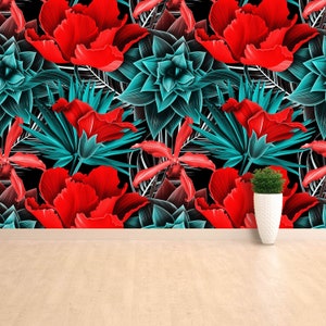 Tropical flowers reusable or traditional mural | wallpaper Tropical flower, plant and leaf, pattern  wallmural wallpaper vlies photomu W#322