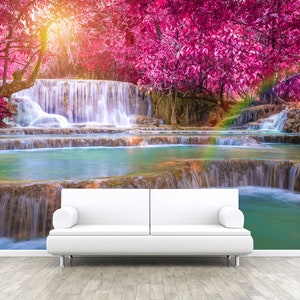Waterfall in Rain Forest Self adhesive, Peel and Stick, 3D photo, realistic mural, wallpaper, Wall Mural, Removable Wall Wallpaper W#34