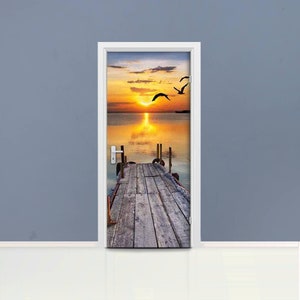 Lake Sunset Door mural Self adhesive door wrap, removable peel & stick door covering, sticker door cover, jetty, birds, pier, 3D, D#19
