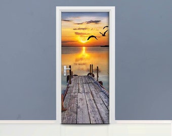 Lake Sunset Türbild selbstklebende Türfolie, 3D Wandbild, Wandbild Vögel, 3D Wandbild, Wandbild Vögel, Schiffsanlegesteg, entfernbar