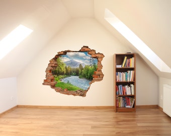 Landscape of forest and river 3D hole in the wall Wall Sticker, Decal , 3D Wall Art , Bubble Free Sticker, Home Decoration W#45